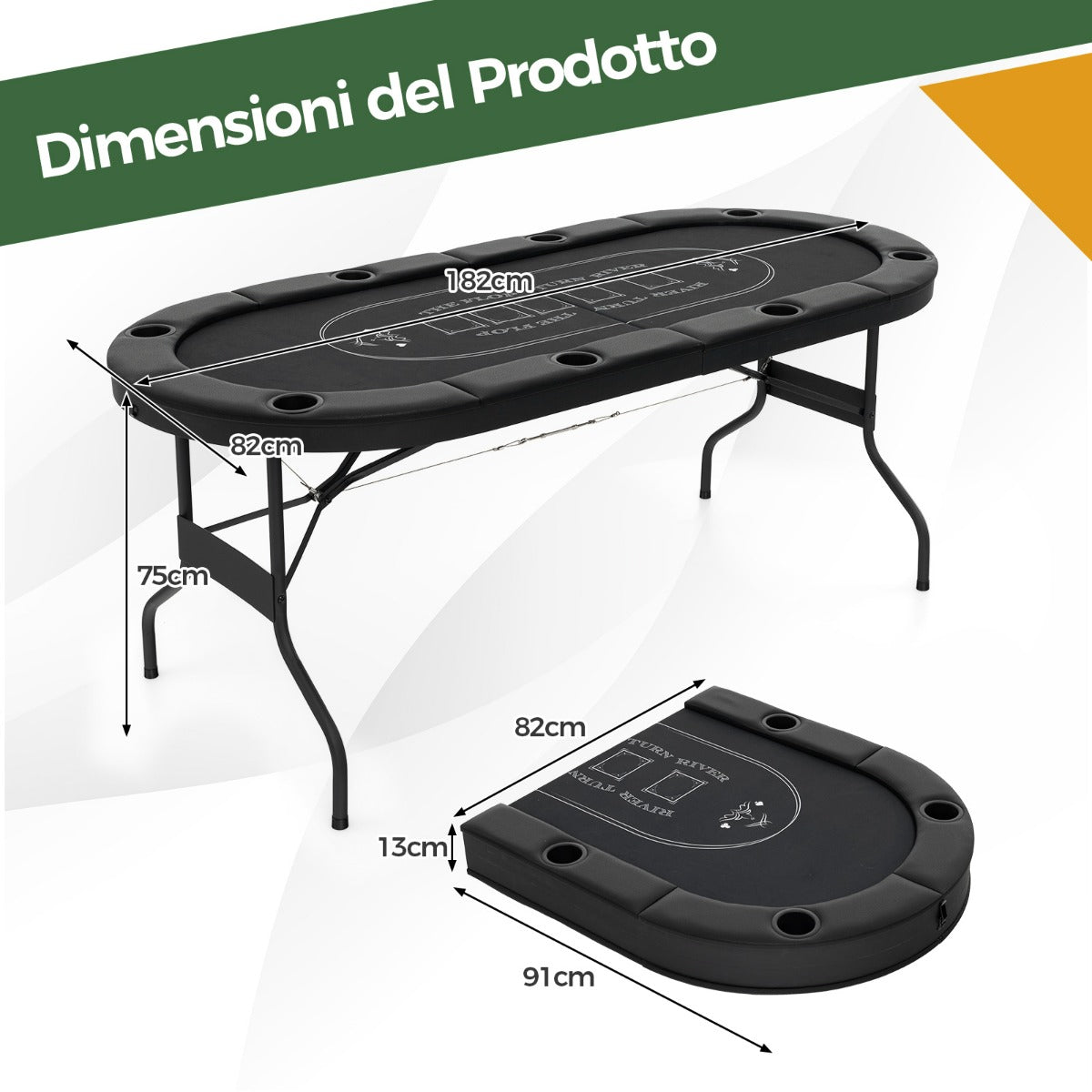 Tavolo da poker pieghevole 182cm per 8 giocatori, Tavolo da gioco ovalo per blackjack texas hold¡¯em Nero-Fiche e set da poker