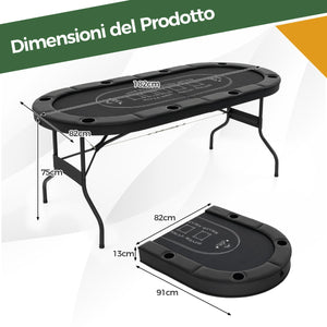 Tavolo da poker pieghevole 182cm per 8 giocatori, Tavolo da gioco ovalo per blackjack texas hold¡¯em Nero-Fiche e set da poker