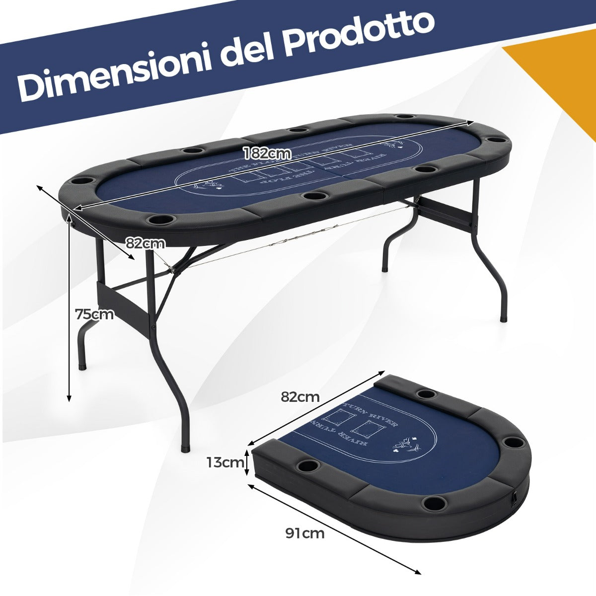 Tavolo da poker pieghevole 182cm per 8 giocatori, Tavolo da gioco ovalo per blackjack texas hold¡¯em Blu-Fiche e set da poker