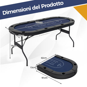 Tavolo da poker pieghevole 182cm per 8 giocatori, Tavolo da gioco ovalo per blackjack texas hold¡¯em Blu-Fiche e set da poker