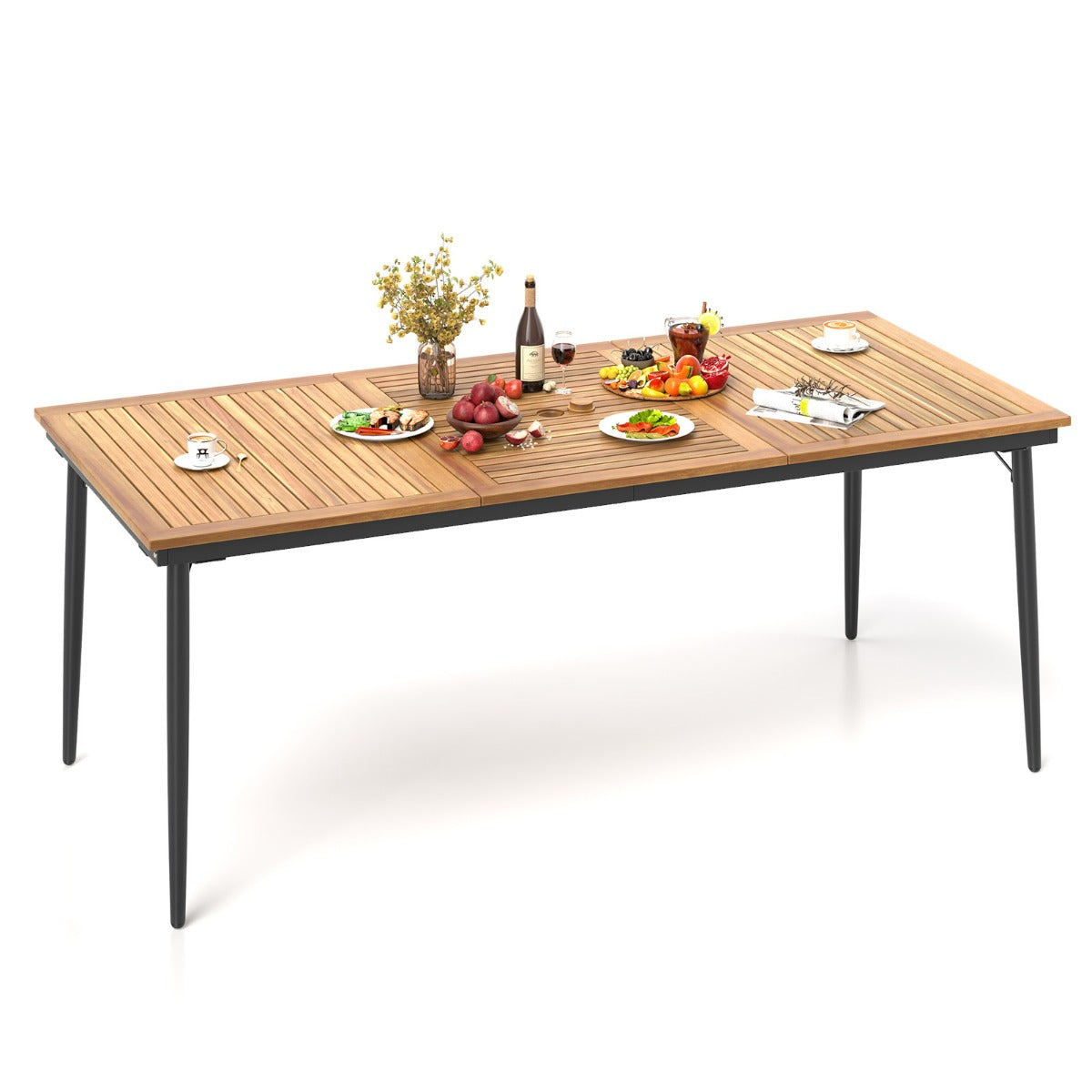 Tavolo da pranzo in legno di acacia per 8 persone, Mobili da pranzo con piano a doghe per giardino e bordo piscina Naturale-Tavoli da esterno