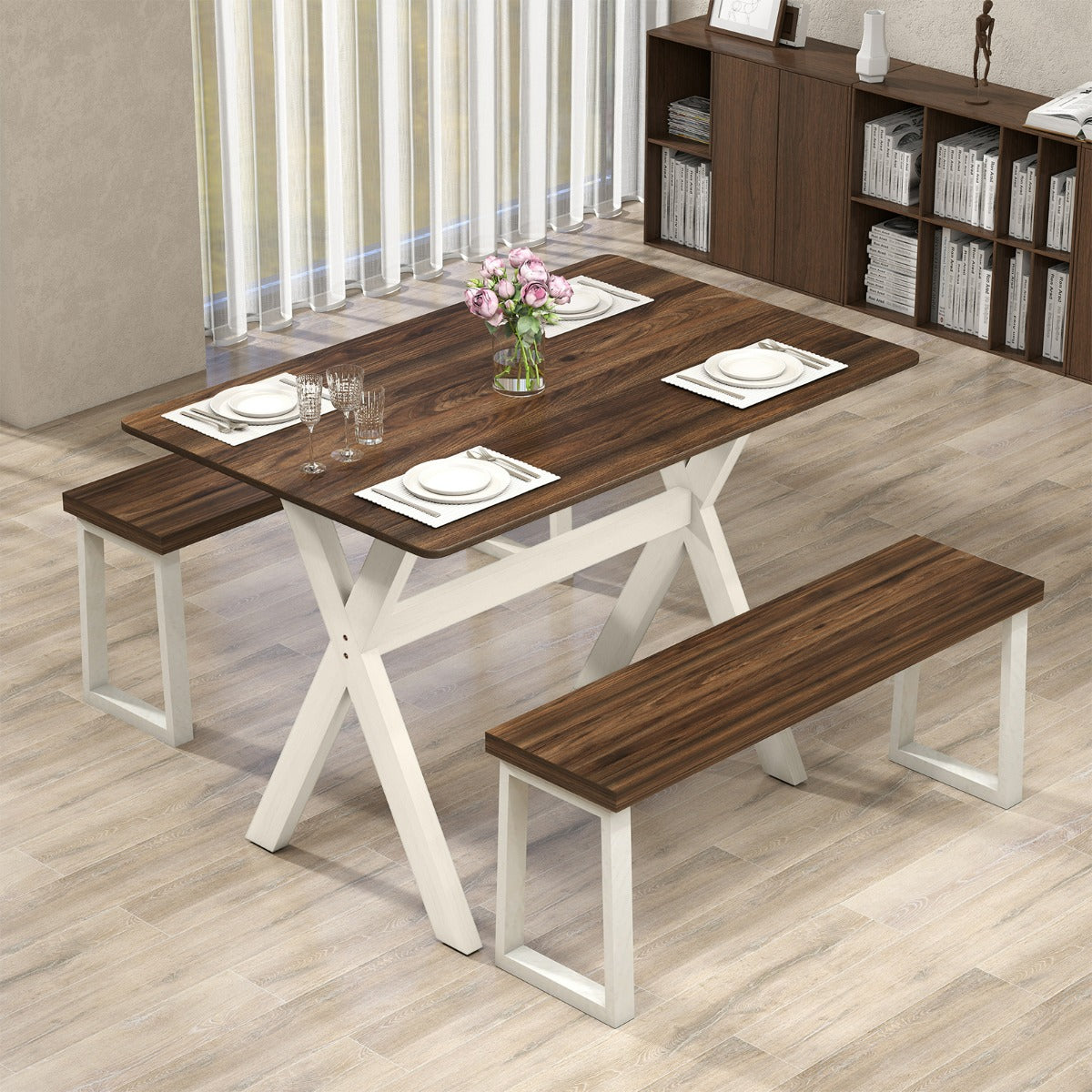 Tavolo da cucina in effetto legno con struttura a x e elegante superficie di 110 x 71 cm-Tavolino consolle con piano testurizzato Noce