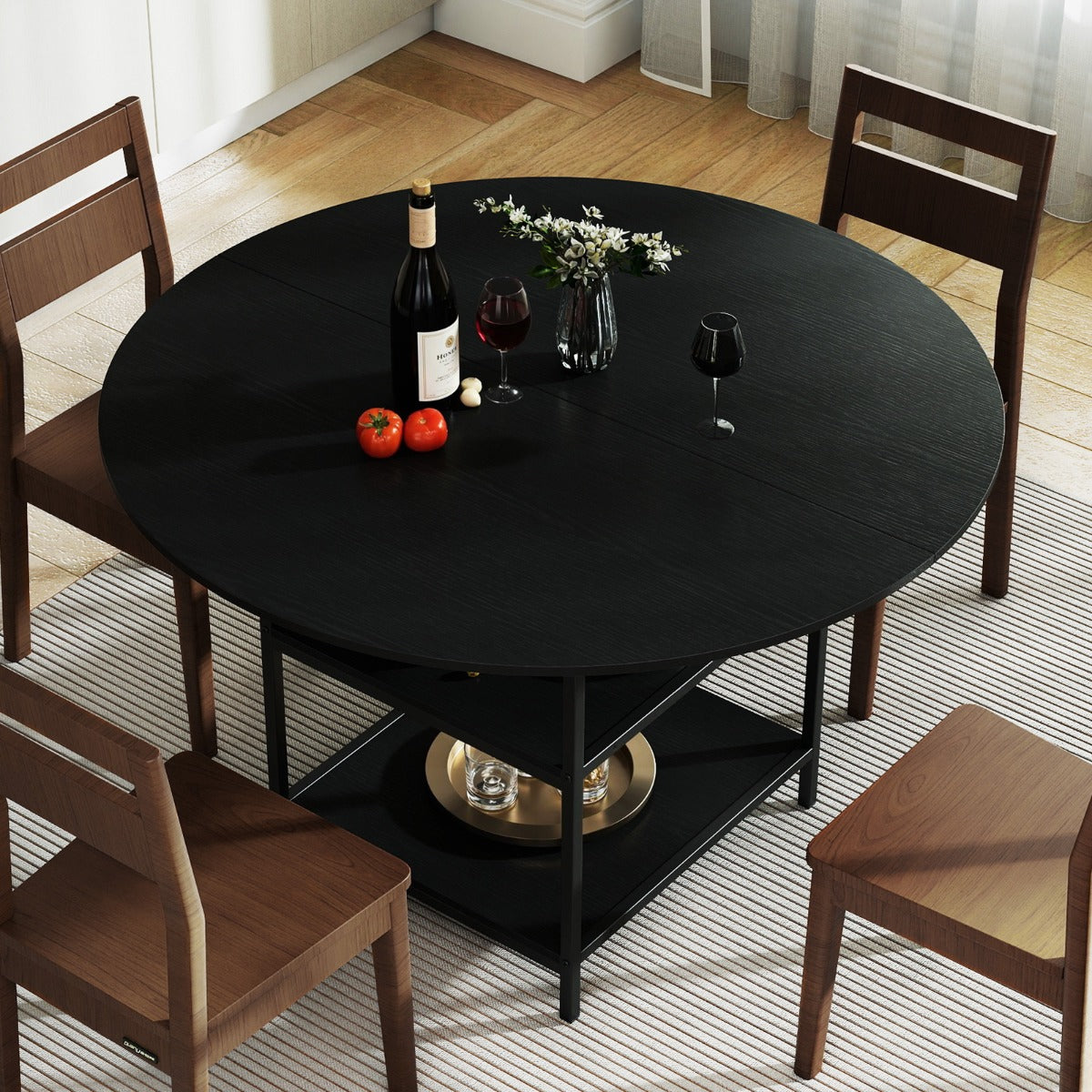 Tavolo da pranzo rotondo rustico ripiano aperto a 2 livelli, Tavolo da pranzo rotondo 120 cm per 4-6 persone Nero-Tavoli e sedie da pranzo