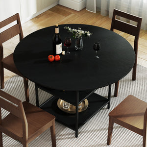 Tavolo da pranzo rotondo rustico ripiano aperto a 2 livelli, Tavolo da pranzo rotondo 120 cm per 4-6 persone Nero-Tavoli e sedie da pranzo