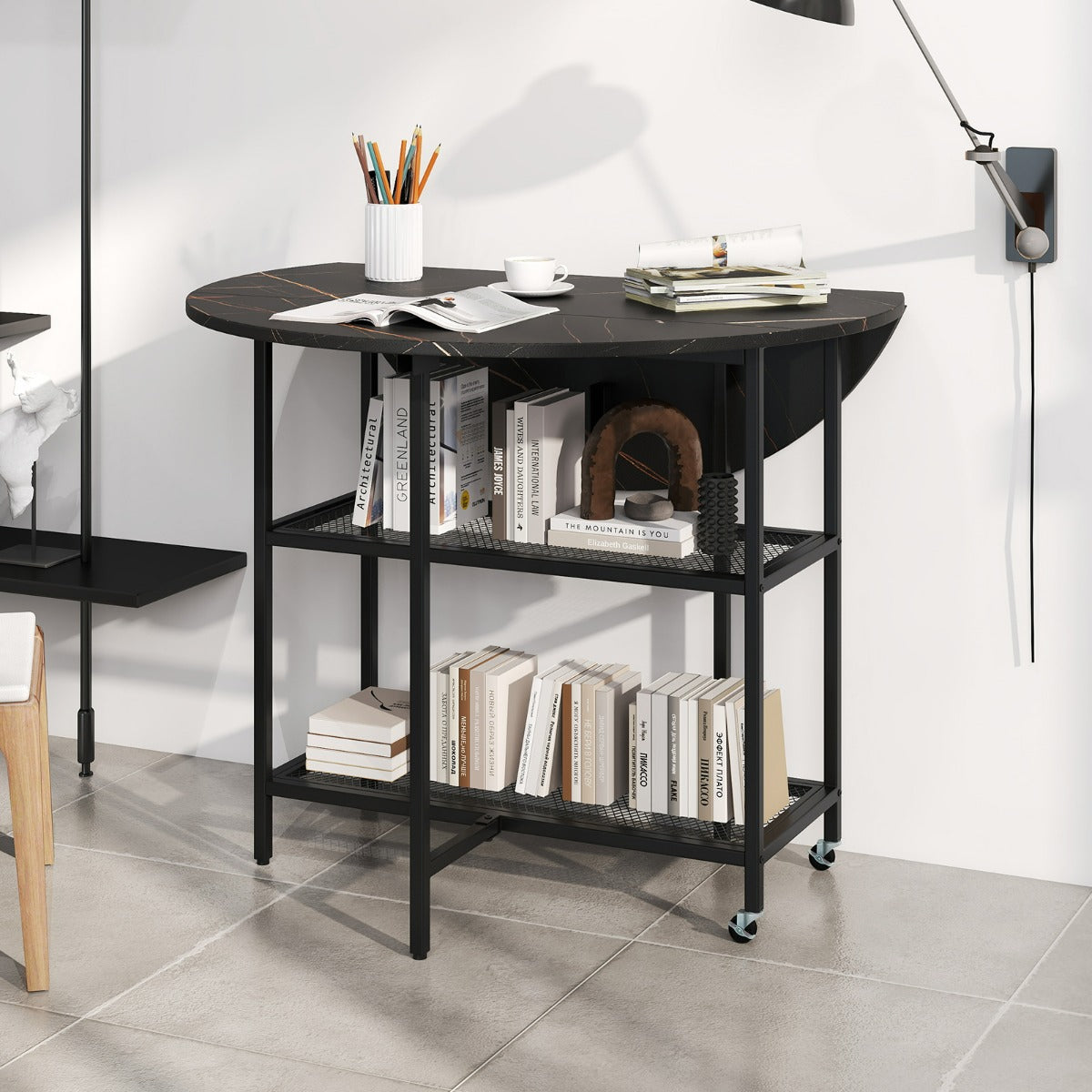 Tavolo da pranzo pieghevole mobile per 2-4 persone con 2 mensole di stoccaggio-Tavolo a ribalta per sala da pranzo Nero