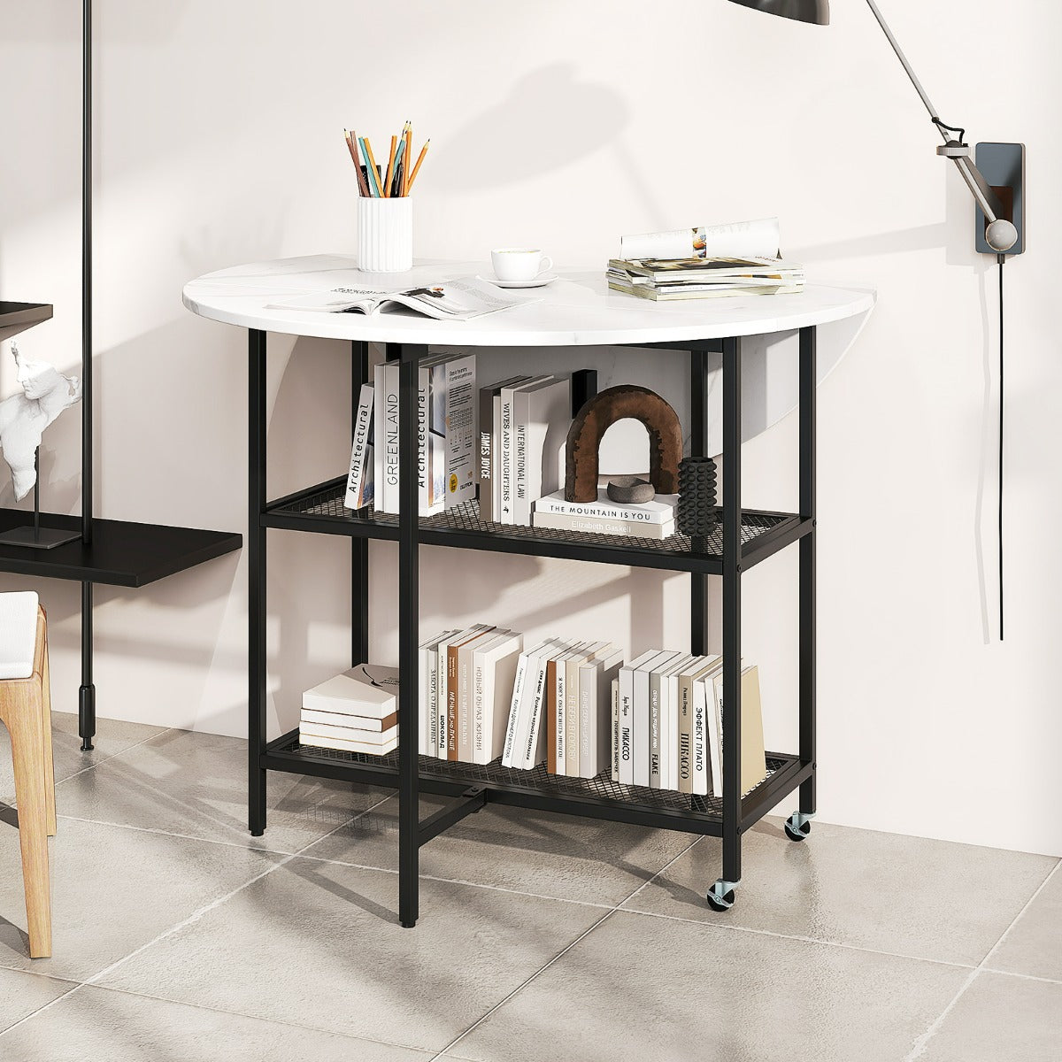 Tavolo da pranzo pieghevole mobile per 2-4 persone con 2 mensole di stoccaggio-Tavolo a ribalta per sala da pranzo Bianco