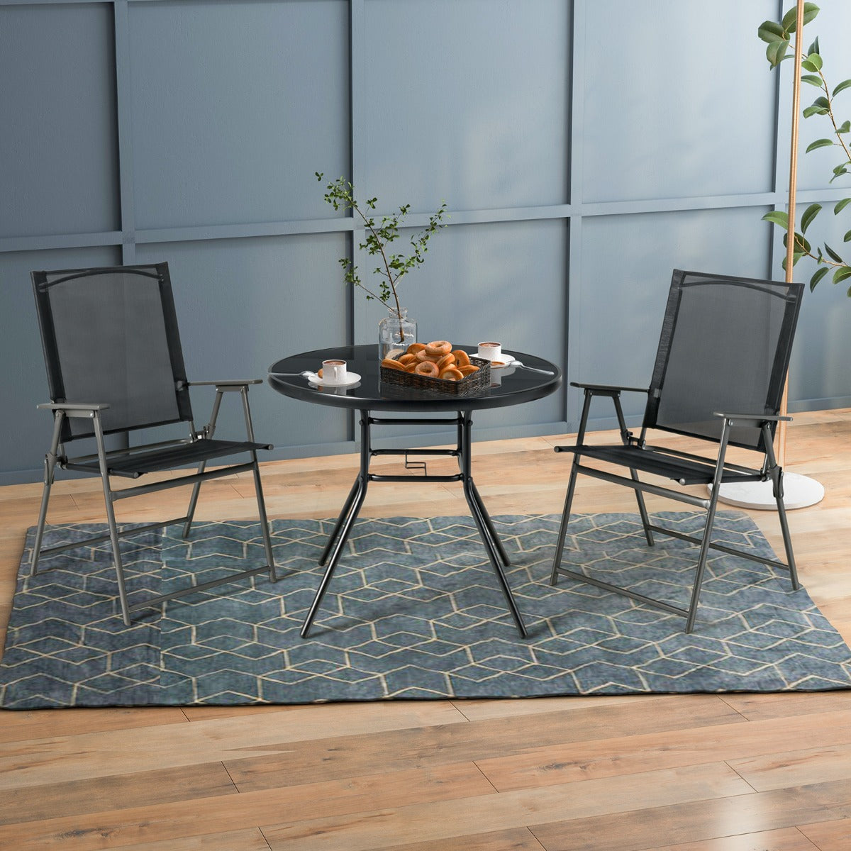 Tavolo rotondo in vetro temperato con foro per ombrello da 3,5 cm, Tavolo da pranzo da patio per esterno Nero-Tavoli da esterno