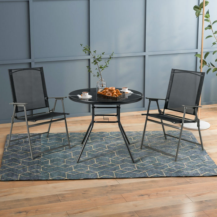 Tavolo rotondo in vetro temperato con foro per ombrello da 3,5 cm, Tavolo da pranzo da patio per esterno Nero-Tavoli da esterno