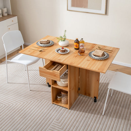 Tavolo da pranzo pieghevole con 2 ruote, Tavolo a ribalta per piccoli spazi con 2 ripiani e cassetto Naturale-Tavoli da pranzo
