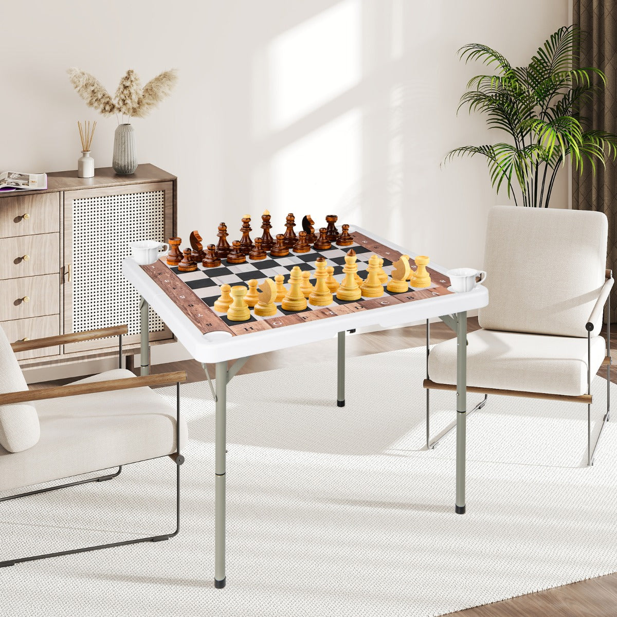 Tavolo da scacchi pieghevole da 90 cm con tappetino rimovibile-Tavolo quadrato portatile in plastica con portabicchieri e manico per feste e campeggio