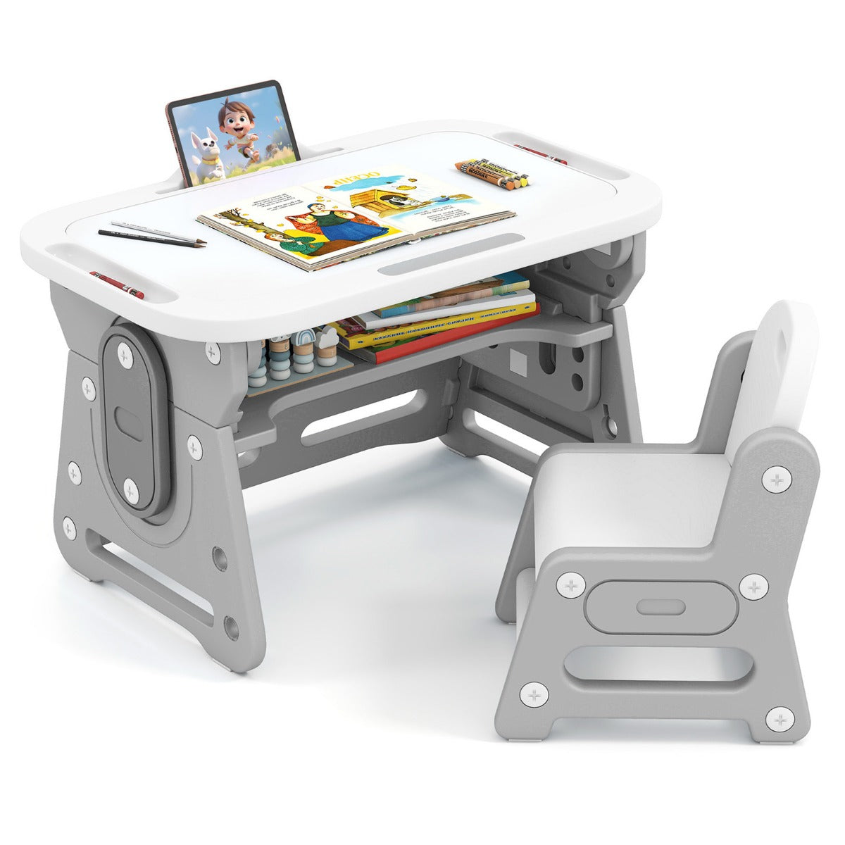 Tavolo da disegno regolabile in altezza per bambini con lavagna inclinabile, Set tavolo e sedia per bambini di 3+ anni Grigio-Tavoli e sedie