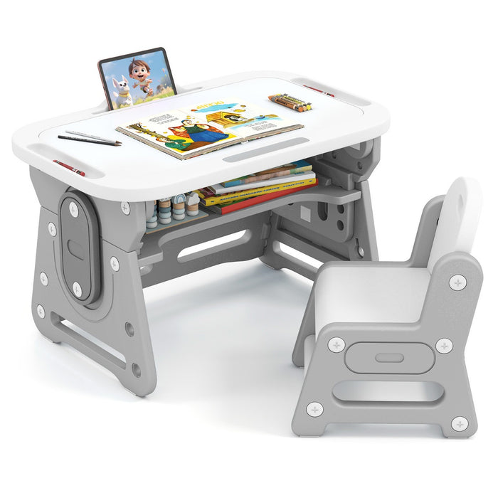 Tavolo da disegno regolabile in altezza per bambini con lavagna inclinabile, Set tavolo e sedia per bambini di 3+ anni Grigio-Tavoli e sedie