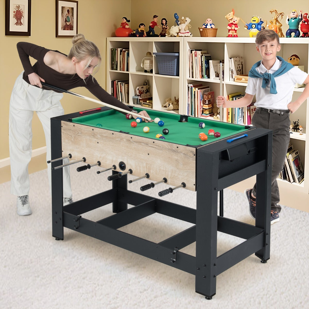 Tavolo foosball e biliardo combo con gambe da interno per casa, Tavolo multi-gioco 2-in-1 con rotazione Nero-Stanza dei giochi
