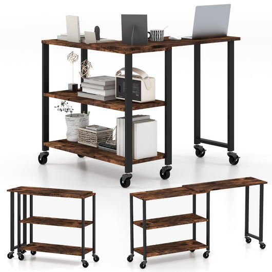 Tavolo girevole a 360¡ã con ripiani a 2 livelli-Tavolo per PC con 6 ruote piroettanti e struttura in metallo Marrone