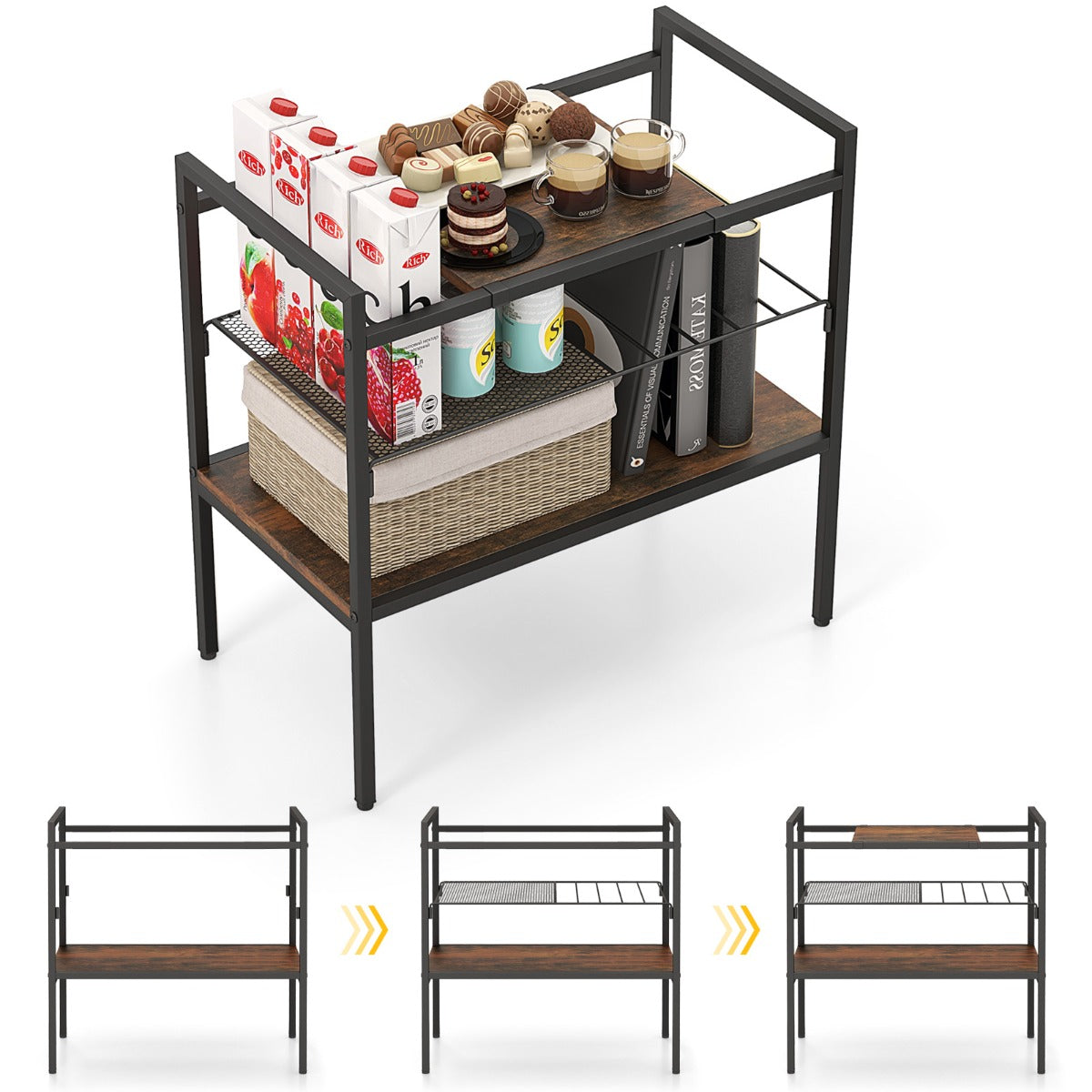 Tavolo industriale da ingresso con pannello rimovibile e ripiano in rete, Tavolo da divano a 3 livelli Marrone-Tavolini