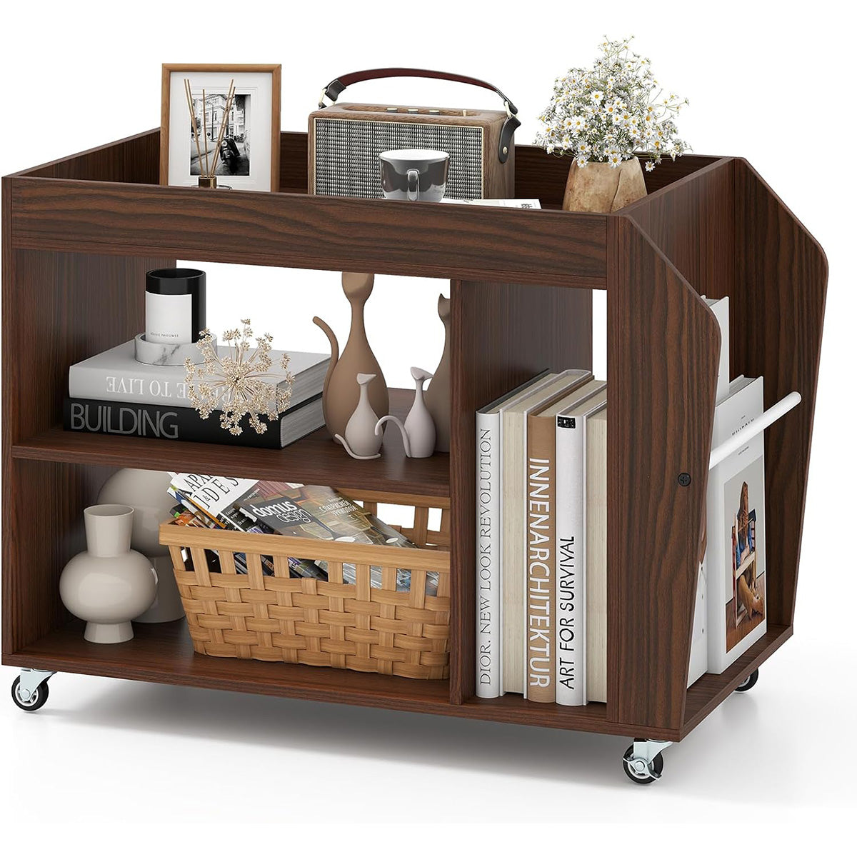 Tavolo laterale e libreria a 3 ripiani con ruote universali-Comodino con 3 scomparti e 1 ripiano laterale in legno