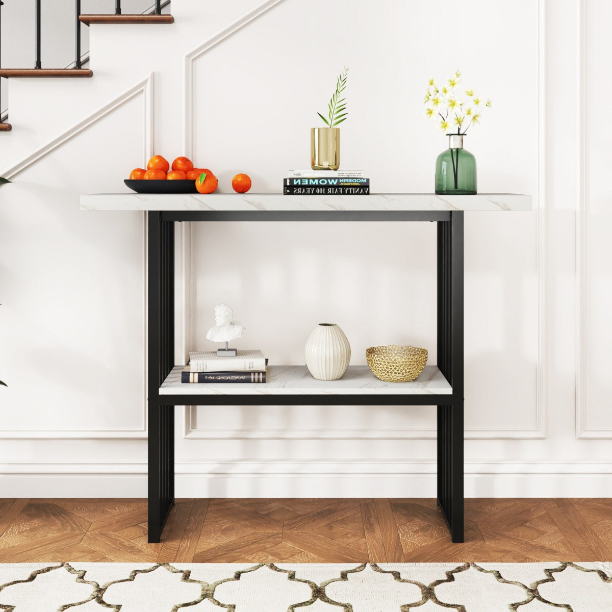 Tavolo consolle a 2 livelli da divano in finto marmo con struttura in acciaio, Tavolo moderno da ingresso Bianco e nero-Consolle