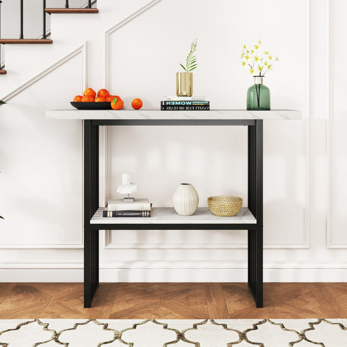 Tavolo consolle a 2 livelli da divano in finto marmo con struttura in acciaio, Tavolo moderno da ingresso Bianco e nero-Consolle