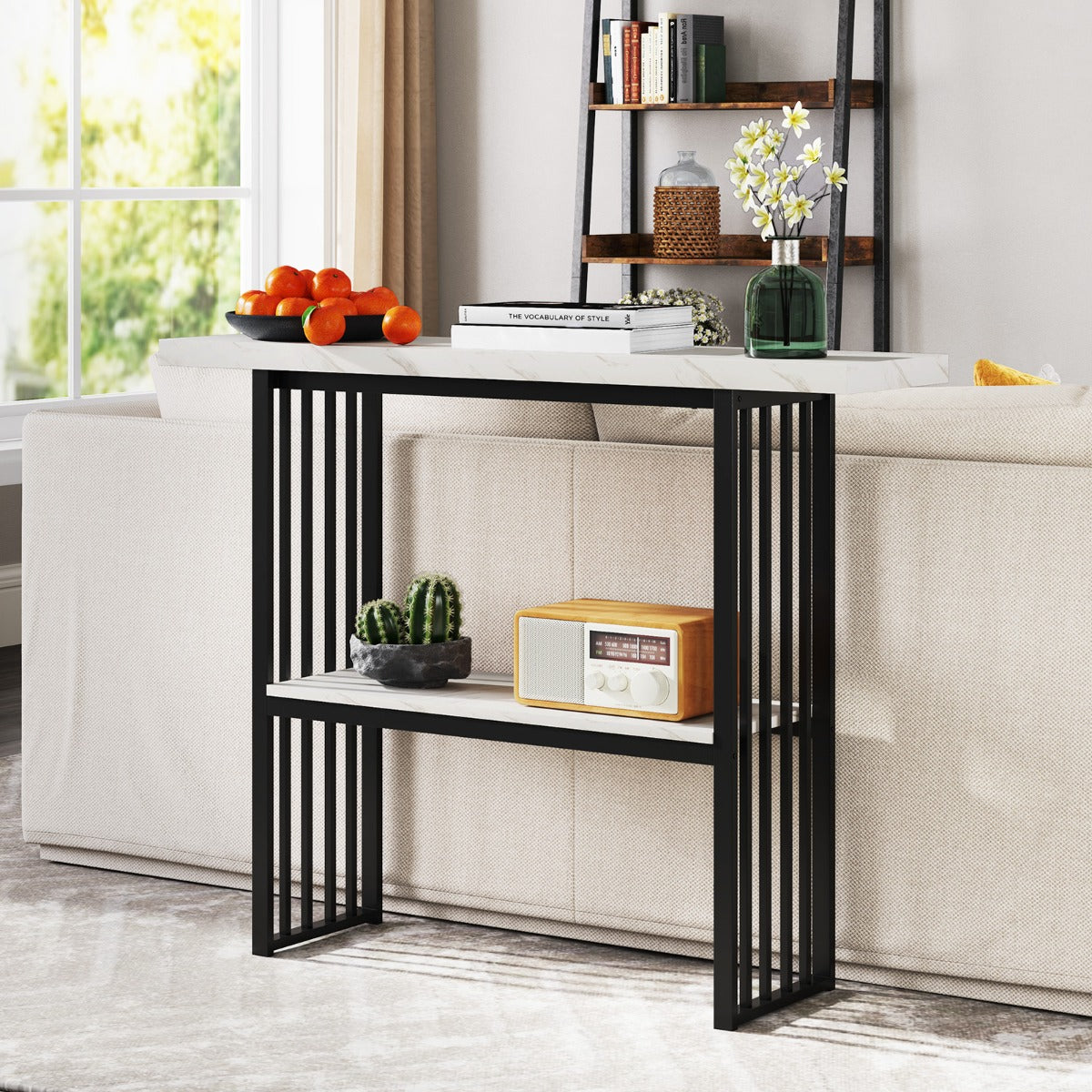 Tavolo consolle a 2 livelli da divano in finto marmo con struttura in acciaio, Tavolo moderno da ingresso Bianco e nero-Consolle