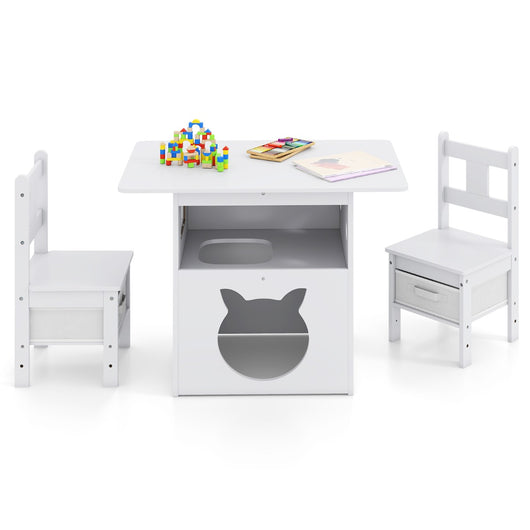 Tavolo per bambini set di 3 pezzi composto da tavolo e sedie, Tavolo per bambini arredamento in legno con casetta per gatti Bianco-Tavoli e sedie