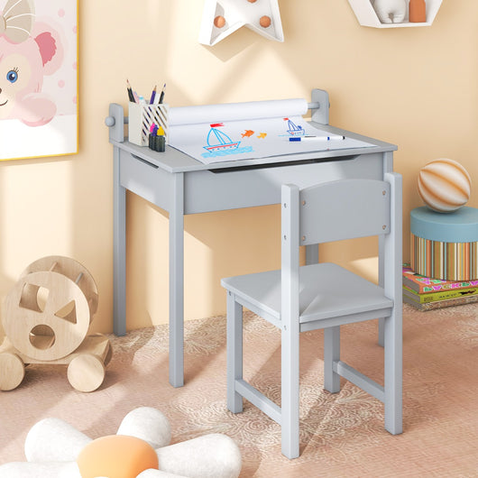 Tavolo per bambini con sedia vano portaoggetti e portarotolo per disegnare giocare, Set di tavolino con sedia Grigio-Tavoli e sedie