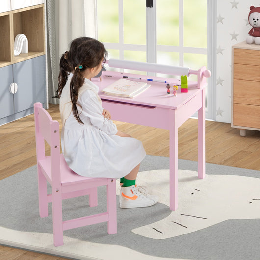 Tavolo per bambini con sedia vano portaoggetti e portarotolo per disegnare giocare, Set di tavolino con sedia Rosa-Tavoli e sedie