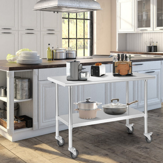 Tavolo per cucinare in acciaio con 4 ruote piroettanti ripiano regolabile, Carrello per cucina e ristorante-Carrelli