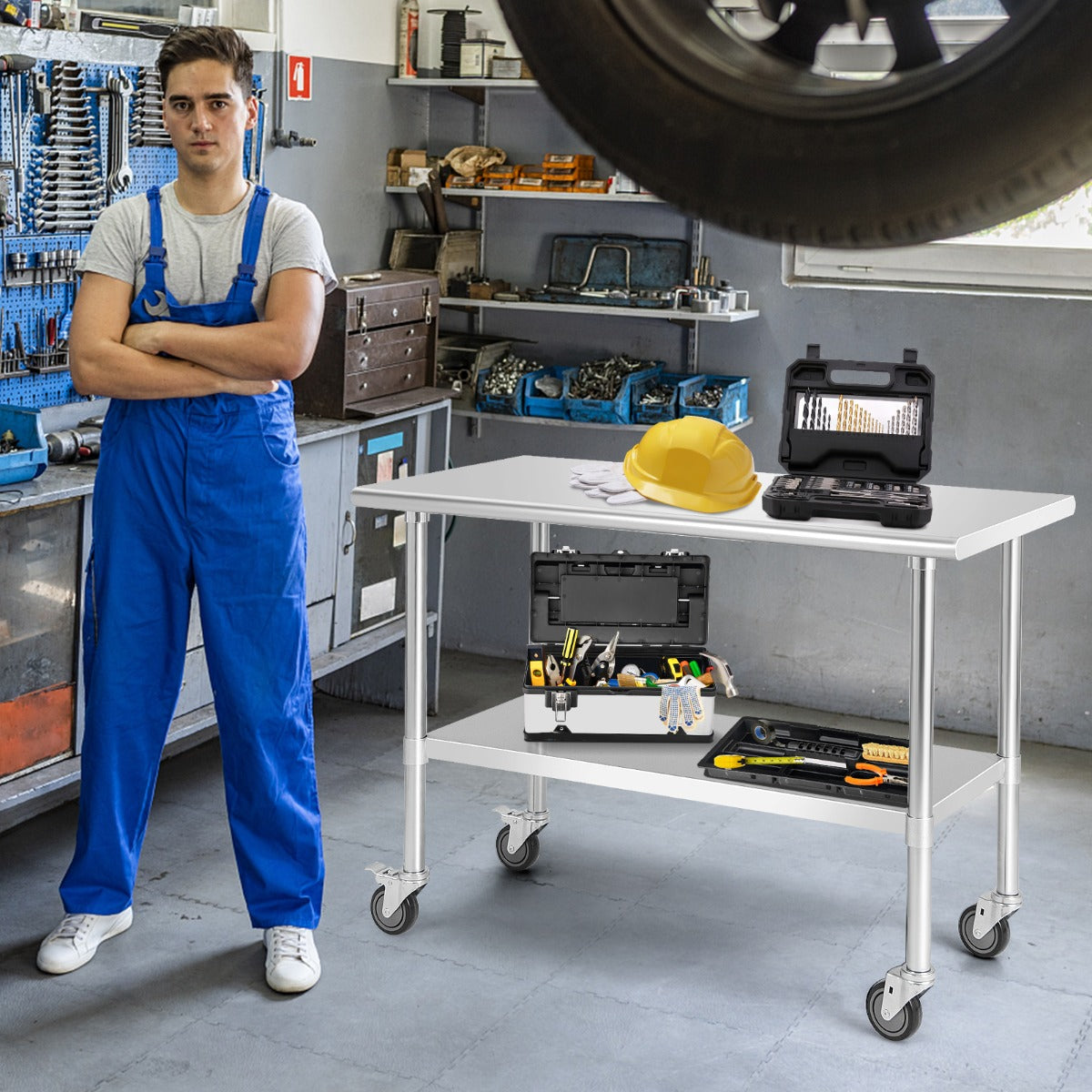 Tavolo per cucinare in acciaio con 4 ruote piroettanti ripiano regolabile, Carrello per cucina e ristorante-Carrelli