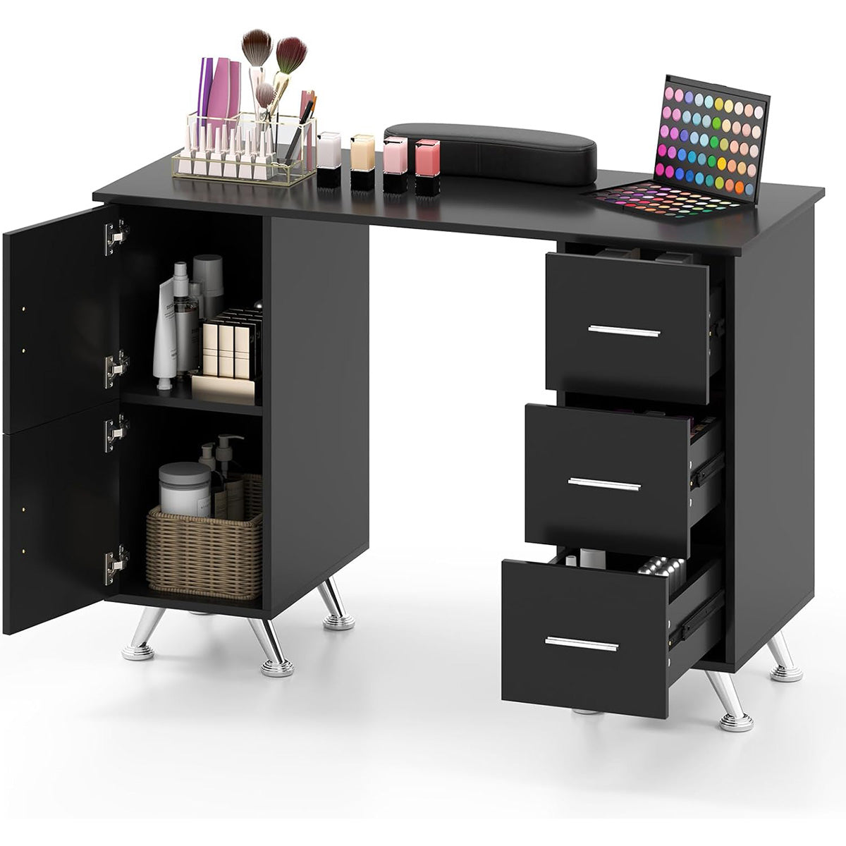 Tavolo per unghie con cassetti, Postazione lavoro in legno per nail art per salone di bellezza Nero-Scrivanie