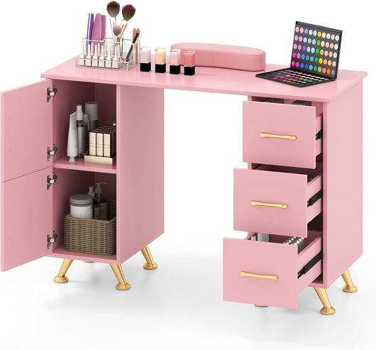 Tavolo per unghie con cassetti, Postazione lavoro in legno per nail art per salone di bellezza Rosa-Scrivanie