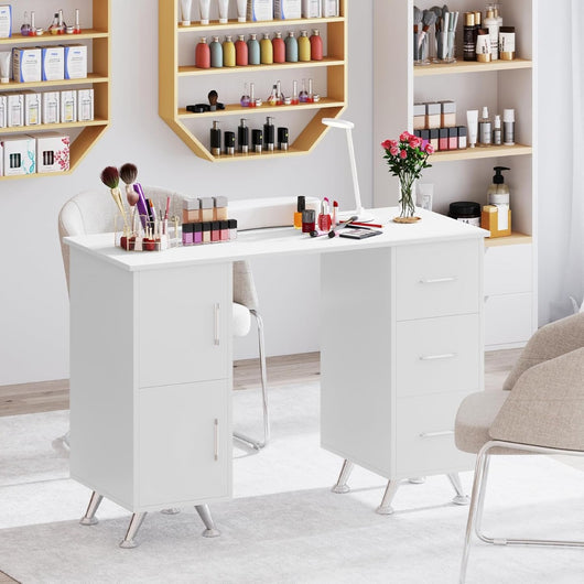 Tavolo per unghie con cassetti, Postazione lavoro in legno per nail art per salone di bellezza Bianco-Scrivanie