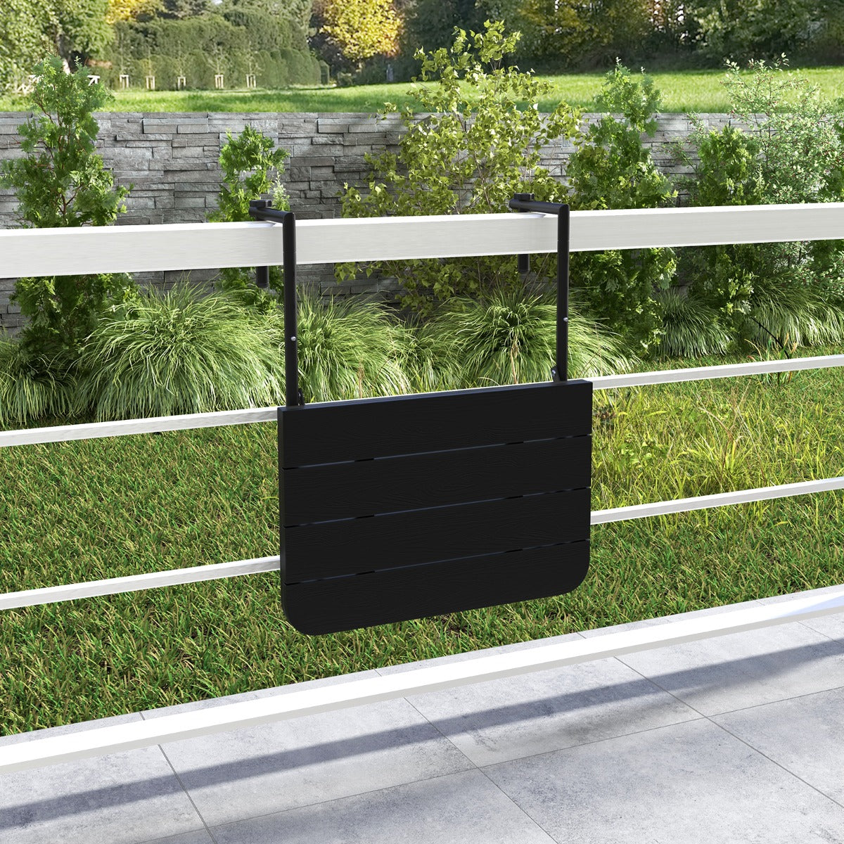 Tavolo pieghevole per ringhiera con altezza regolabile a 3 livelli, Tavolo di servizio per interni esterni Nero-Tavolini per laptop