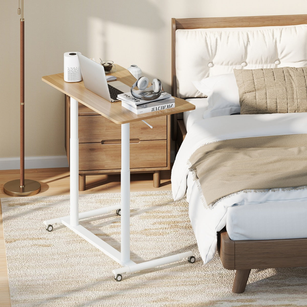 Tavolo portatile per laptop con ruote bloccabili e struttura in metallo per spazi ridotti-Scrivania mobile regolabile in altezza a forma di C Naturale