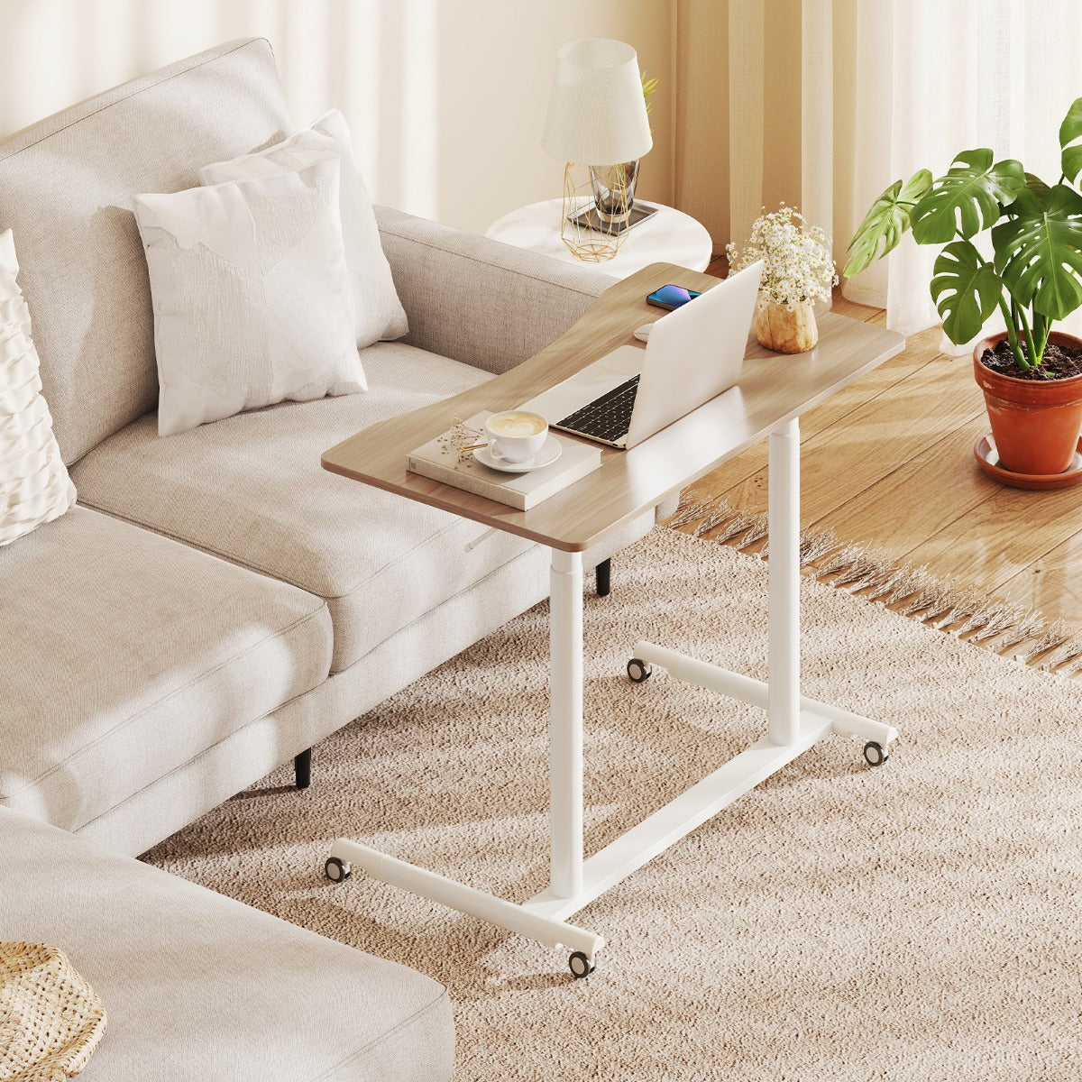 Tavolo portatile per laptop con ruote bloccabili e struttura in metallo per spazi ridotti-Scrivania mobile regolabile in altezza a forma di C Naturale