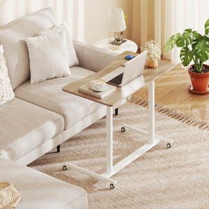 Tavolo portatile per laptop con ruote bloccabili e struttura in metallo per spazi ridotti-Scrivania mobile regolabile in altezza a forma di C Naturale