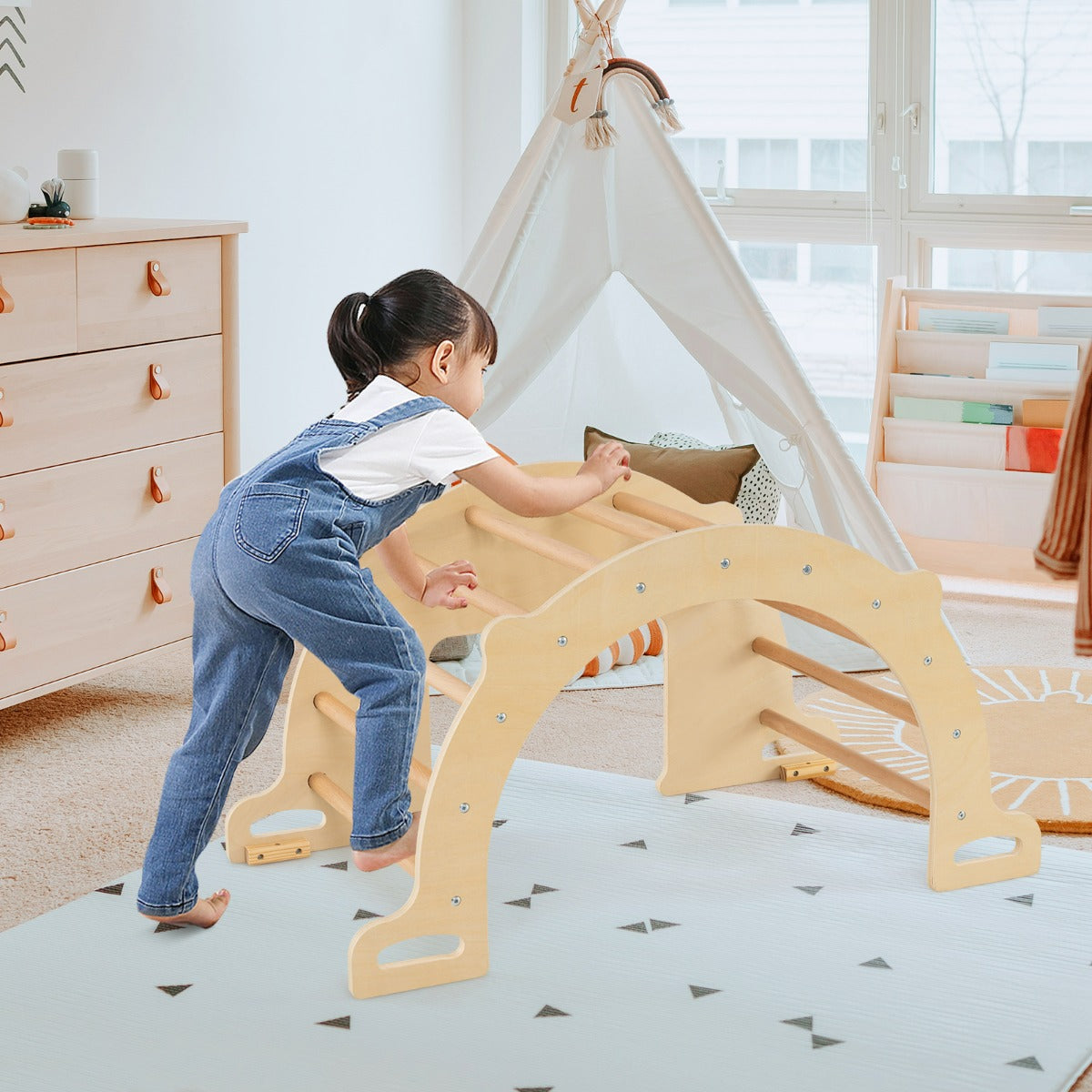 Tavolo sensoriale ad arco da arrampicata 8 in 1 per bambini 3+ anni, Palestra montessori con contenitore pieghevole Naturale-Arrampicate e scivoli