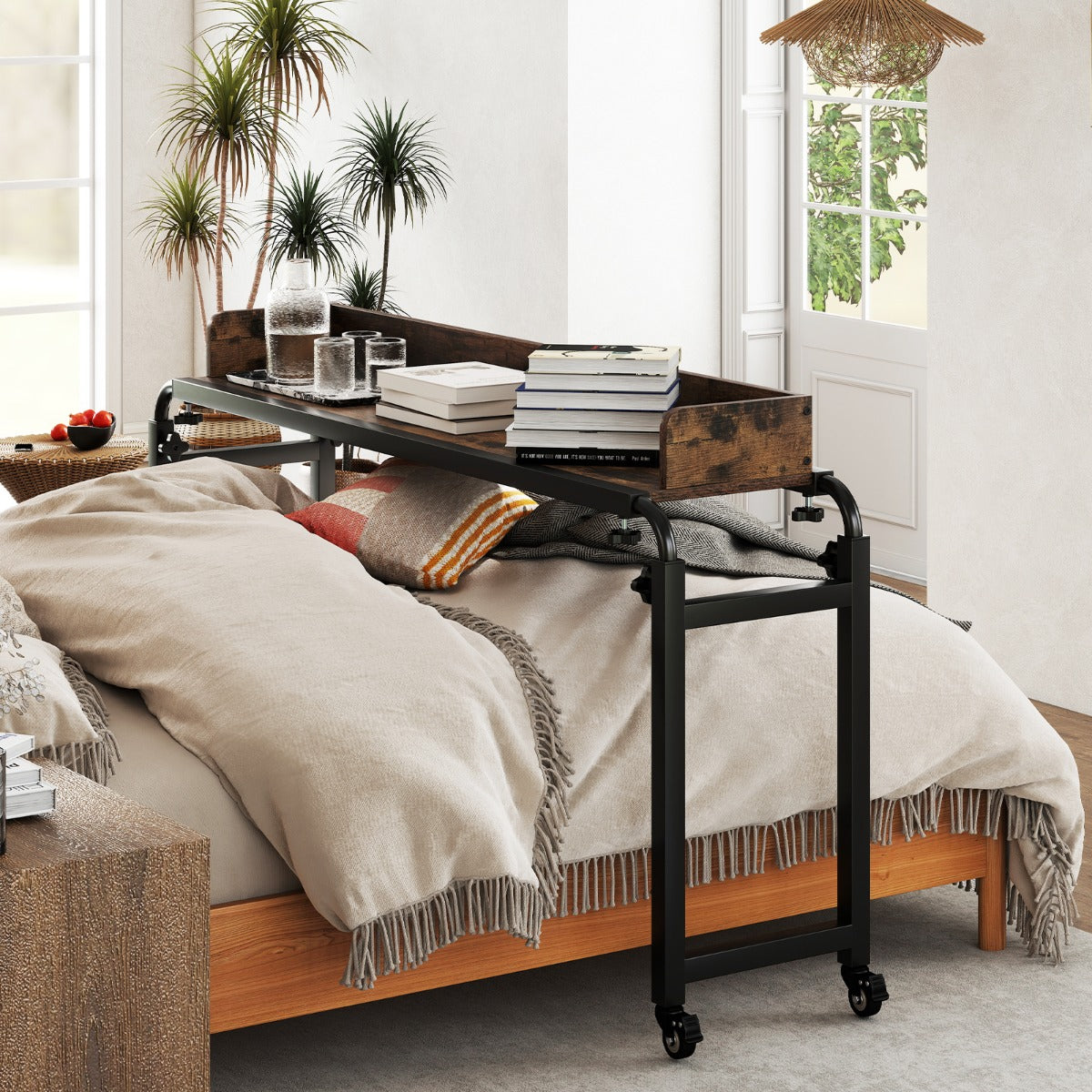 Scrivania mobile per letto matrimoniale con altezza e lunghezza regolabili telaio in metallo, Scrivania sopra-il-letto con ruote -Tavolini per laptop