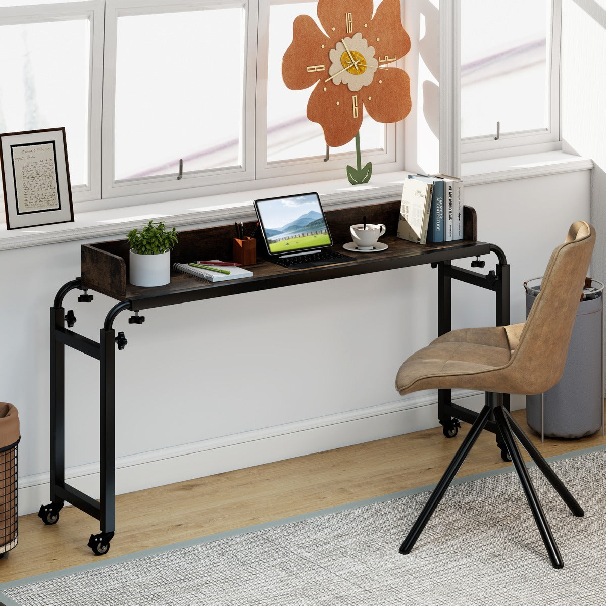 Scrivania mobile per letto matrimoniale con altezza e lunghezza regolabili telaio in metallo, Scrivania sopra-il-letto con ruote -Tavolini per laptop