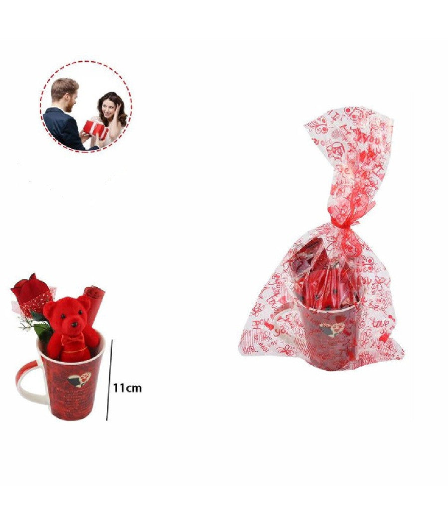 Tazza Con Peluche Orsetto Rosso Regalo San Valentino Con Fiore Confezione 63297         