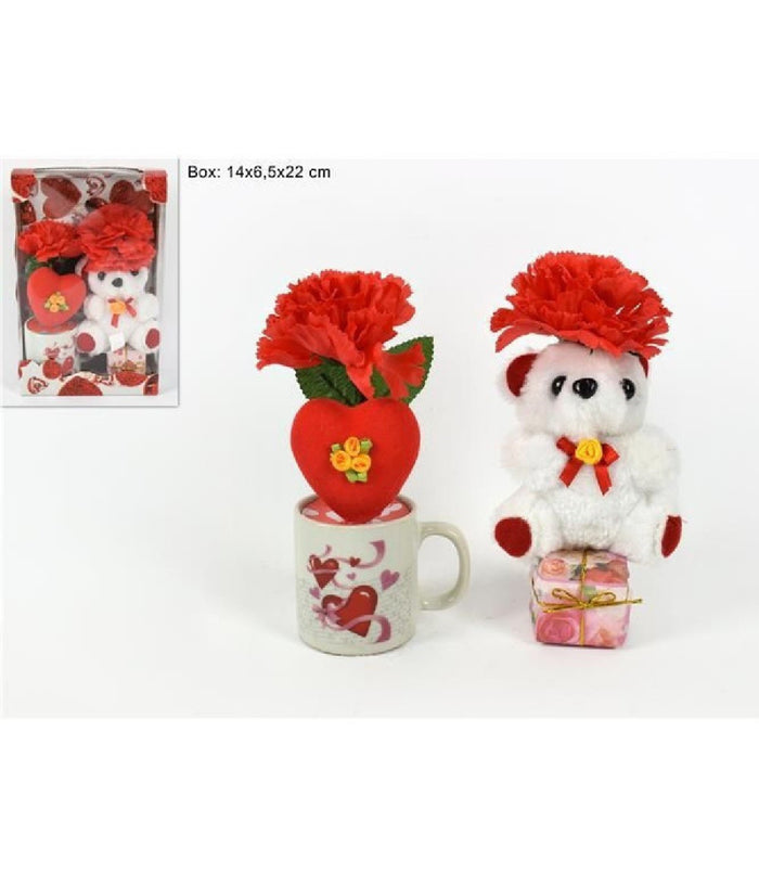 Tazzina Con Peluche Orsetto Idea Regalo San Valentino Con Fiori Cuore Confezione         