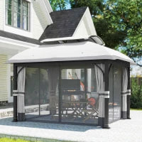 Gazebo da Giardino 4x3 m con Zanzariere e Doppio Tetto, in Metallo e Poliestere Grigio Chiaro