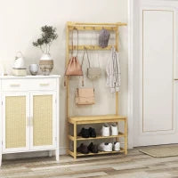 Mobile Appendiabiti 3 in 1 in Bambù con 10 Ganci, 2 Aste e Panca Scarpiera, 70x31x170 cm, Marrone