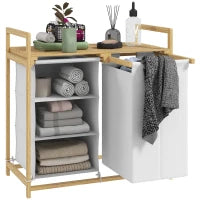 Cesto Portabiancheria con 2 Borse Estraibili, Maniglie e Ripiano in Bambù, 70x36x70 cm, Bianco