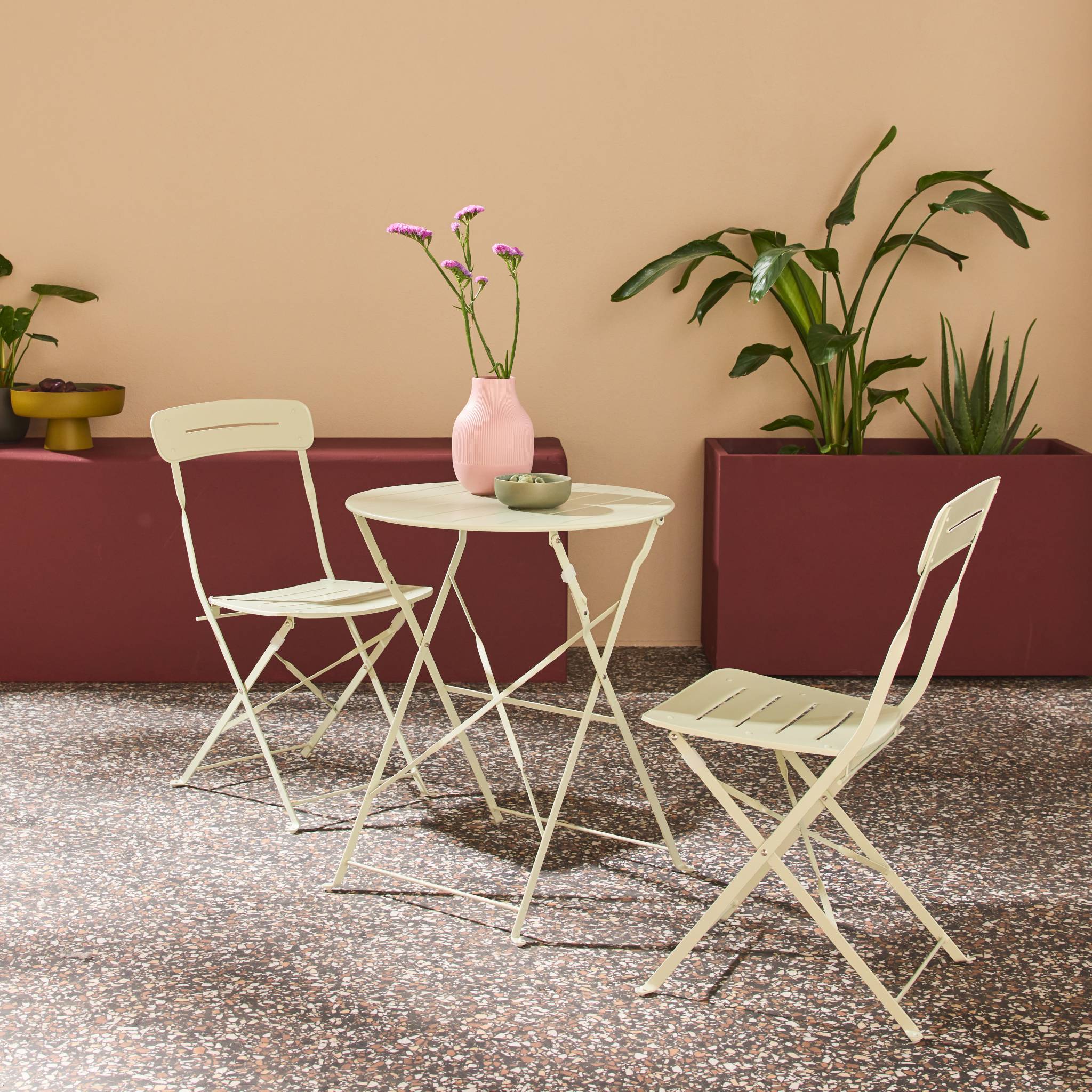 Set tavolo da giardino bistrot pieghevole rotondo in acciaio con 2