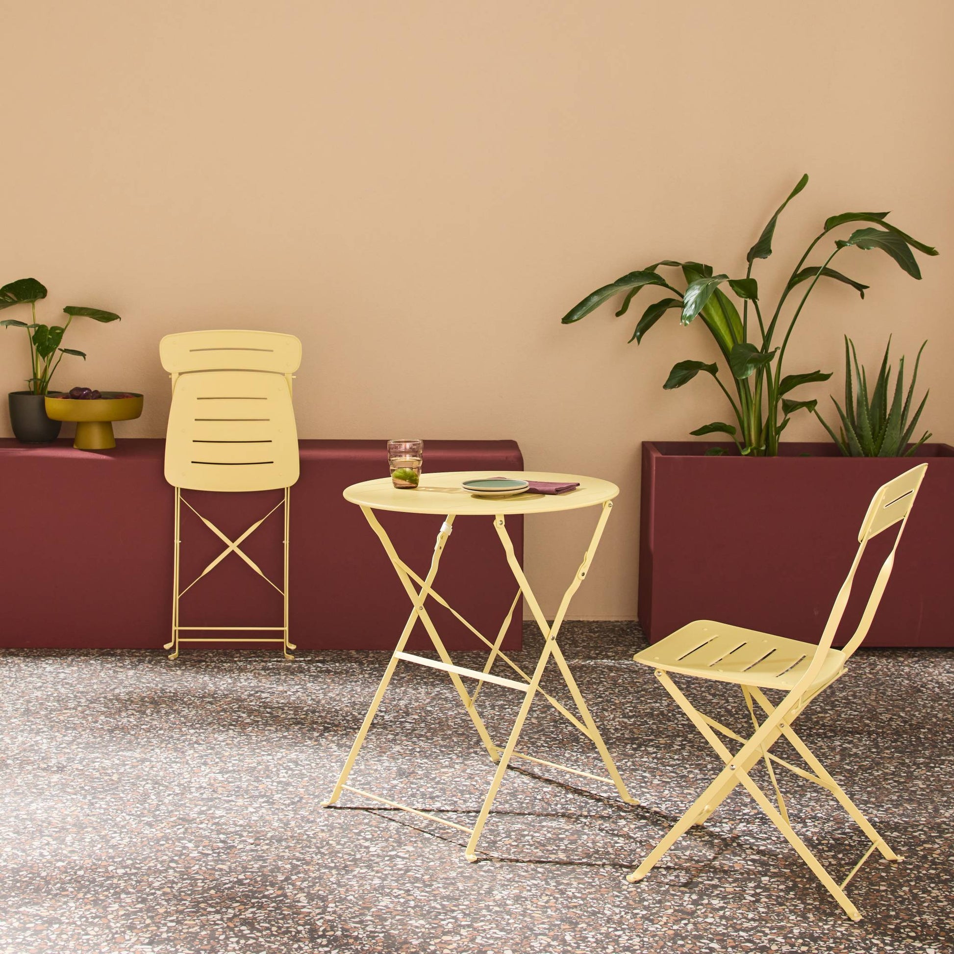 Set tavolo da giardino bistrot pieghevole rotondo in acciaio con 2