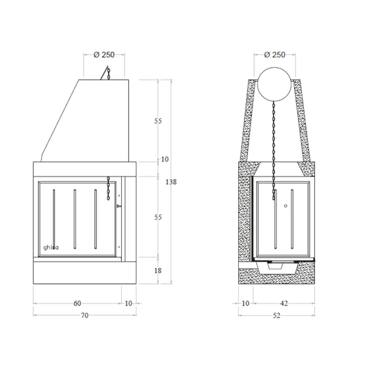 Camino legna prefabbricato in ghisa focolare aperto ds70tgh reversibile calore