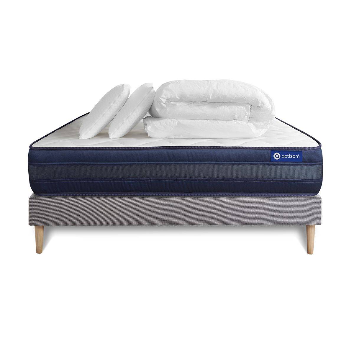 Pacchetto letto completo - Materasso 140x200cm + Box spring con doghe (kit) + 2 cuscini + Piumino - Actiflex Tech