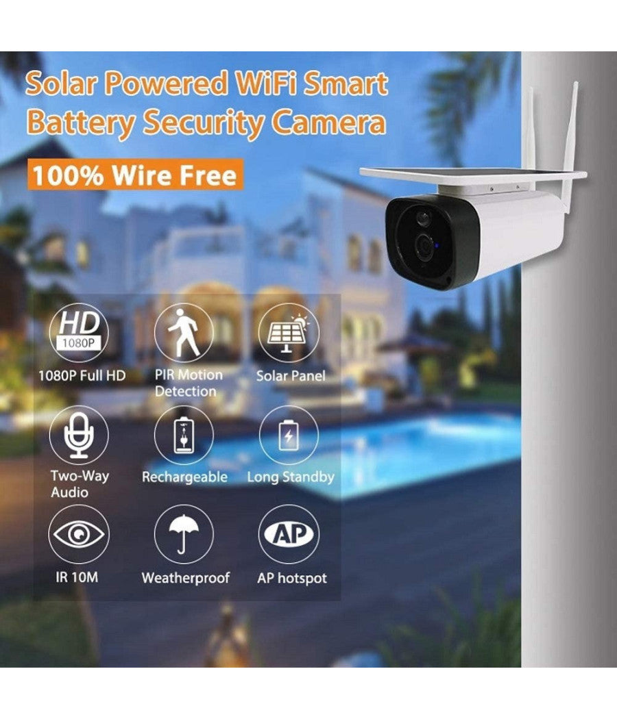 Telecamera 1080p Wifi Wireless Cctv Pannello Solare Visione Notturna Ir Allarme         