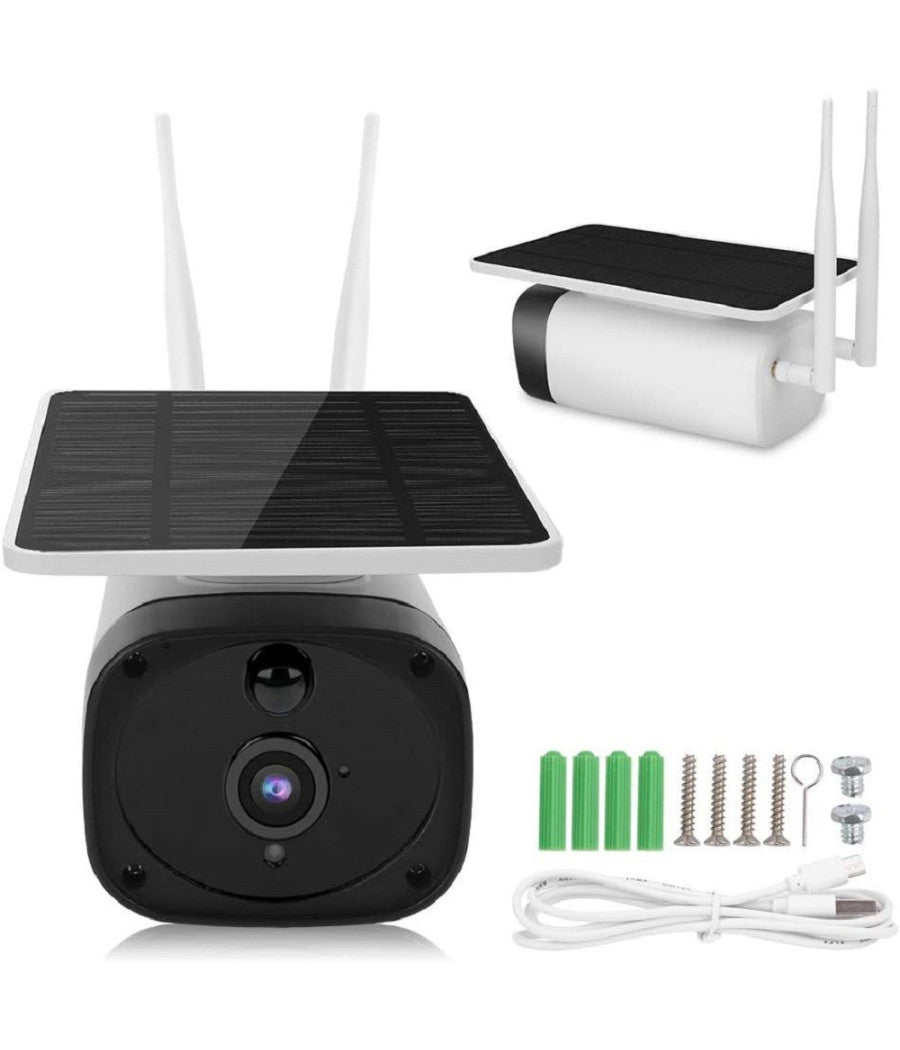 Telecamera 1080p Wifi Wireless Cctv Pannello Solare Visione Notturna Ir Allarme         