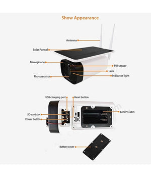 Telecamera 1080p Wifi Wireless Cctv Pannello Solare Visione Notturna Ir Allarme         